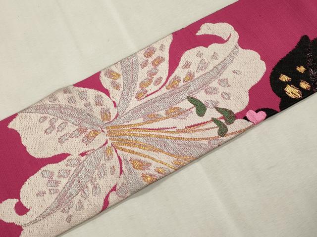 平和屋着物●アンティーク　大正ロマン　九寸名古屋帯　百合　金銀糸　正絹　逸品　CABI7456dy