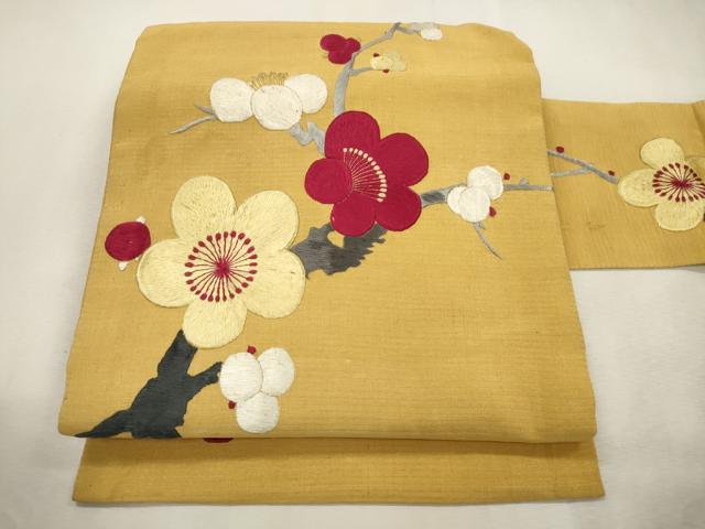 平和屋着物●アンティーク　大正ロマン　九寸名古屋帯　総手刺繍　枝梅文　正絹　逸品　CABI7457dy
