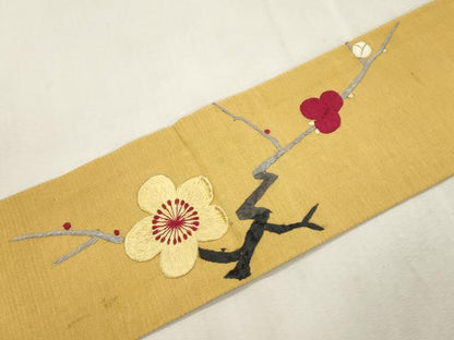 平和屋着物●アンティーク　大正ロマン　九寸名古屋帯　総手刺繍　枝梅文　正絹　逸品　CABI7457dy