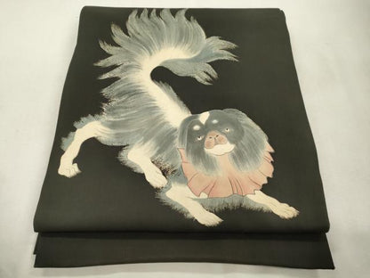 平和屋着物●塩瀬　九寸開き名古屋帯　狆　黒地　正絹　逸品　CABI7458dy