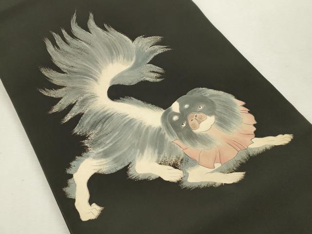 平和屋着物●塩瀬　九寸開き名古屋帯　狆　黒地　正絹　逸品　CABI7458dy