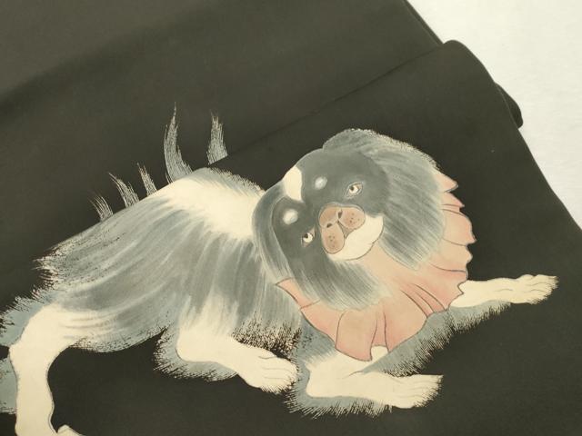 平和屋着物●塩瀬　九寸開き名古屋帯　狆　黒地　正絹　逸品　CABI7458dy
