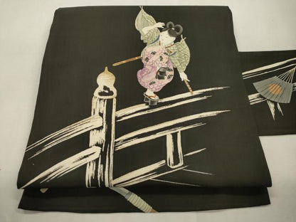 平和屋着物●アンティーク　大正ロマン　九寸名古屋帯　刺繍　人物文　金糸　正絹　逸品　CABI7459dy