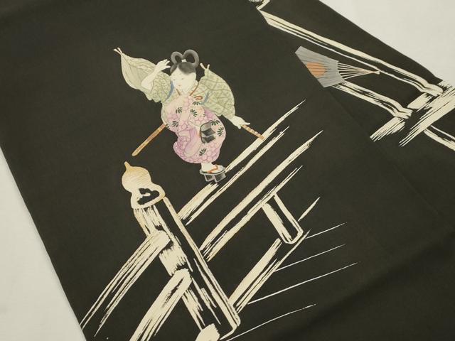 平和屋着物●アンティーク　大正ロマン　九寸名古屋帯　刺繍　人物文　金糸　正絹　逸品　CABI7459dy