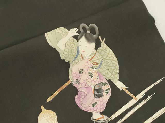 平和屋着物●アンティーク　大正ロマン　九寸名古屋帯　刺繍　人物文　金糸　正絹　逸品　CABI7459dy