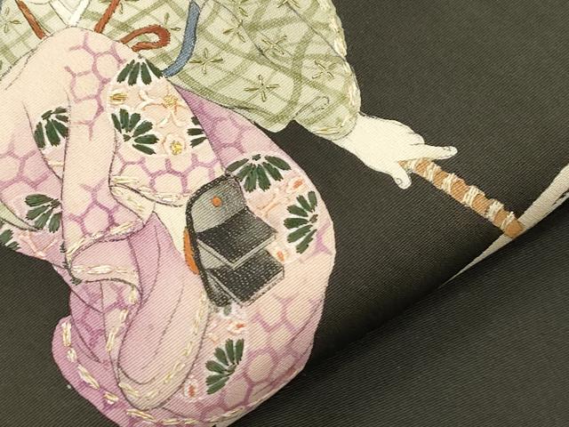 平和屋着物●アンティーク　大正ロマン　九寸名古屋帯　刺繍　人物文　金糸　正絹　逸品　CABI7459dy