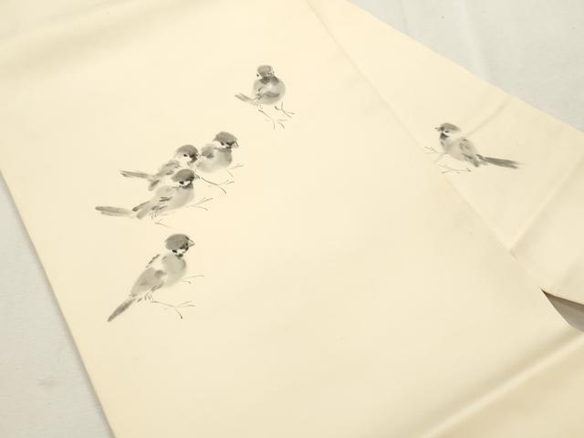 平和屋着物●塩瀬　九寸名古屋帯　手描き　雀　正絹　逸品　CABI7461dy