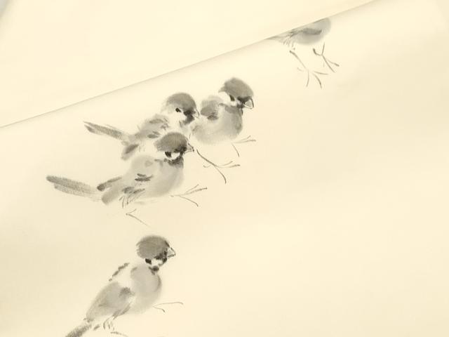 平和屋着物●塩瀬　九寸名古屋帯　手描き　雀　正絹　逸品　CABI7461dy