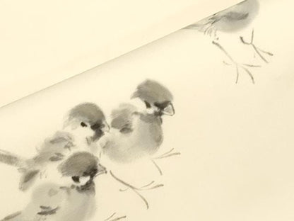 平和屋着物●塩瀬　九寸名古屋帯　手描き　雀　正絹　逸品　CABI7461dy