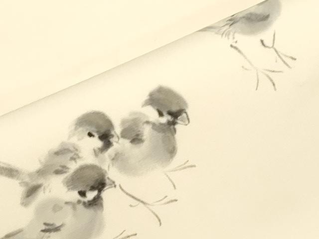 平和屋着物●塩瀬　九寸名古屋帯　手描き　雀　正絹　逸品　CABI7461dy
