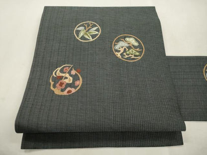 平和屋着物●中国三大刺繍　相良刺繍　総刺繍　九寸名古屋帯　松竹梅丸文　正絹　逸品　CABI7462dy