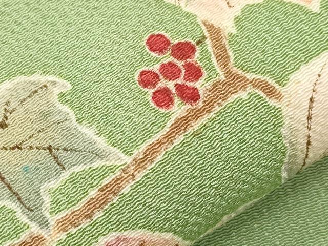 平和屋着物●九寸名古屋帯　手描き　葡萄蔦の葉文　鬼しぼ縮緬　正絹　逸品　CABI7464dy