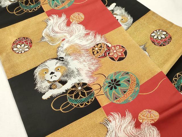 平和屋着物●アンティーク　大正ロマン　九寸名古屋帯　狆　金糸　正絹　逸品　CABI7468dy