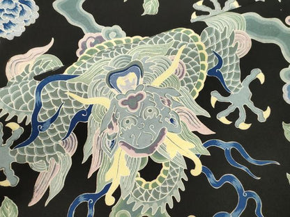 平和屋着物●アンティーク　大正ロマン　全通柄九寸名古屋帯　引き抜き帯　竜　草花文　黒地　正絹　逸品　CABI7469dy