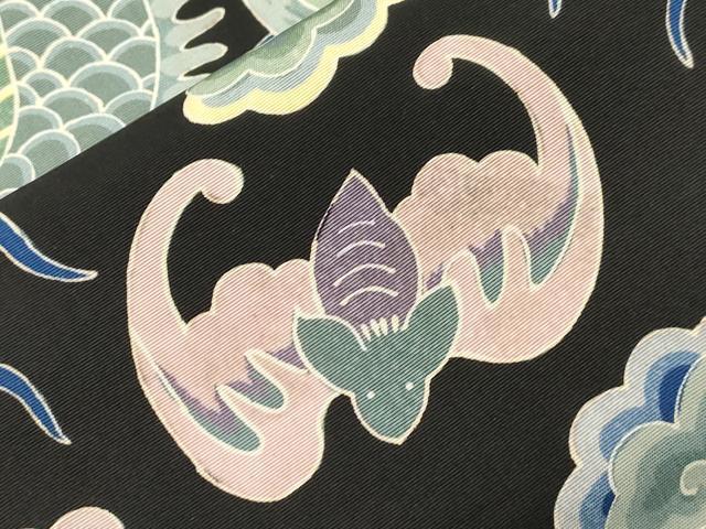 平和屋着物●アンティーク　大正ロマン　全通柄九寸名古屋帯　引き抜き帯　竜　草花文　黒地　正絹　逸品　CABI7469dy