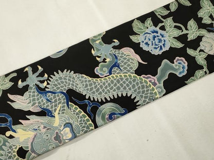 平和屋着物●アンティーク　大正ロマン　全通柄九寸名古屋帯　引き抜き帯　竜　草花文　黒地　正絹　逸品　CABI7469dy