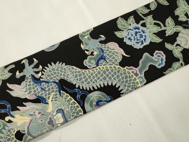平和屋着物●アンティーク　大正ロマン　全通柄九寸名古屋帯　引き抜き帯　竜　草花文　黒地　正絹　逸品　CABI7469dy
