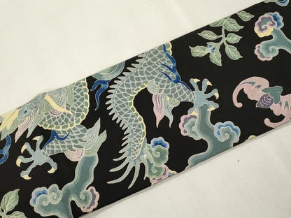 平和屋着物●アンティーク　大正ロマン　全通柄九寸名古屋帯　引き抜き帯　竜　草花文　黒地　正絹　逸品　CABI7469dy