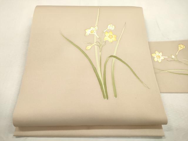 平和屋着物●塩瀬　九寸名古屋帯　作家物　草花文　金彩　正絹　逸品　CABI7475dy