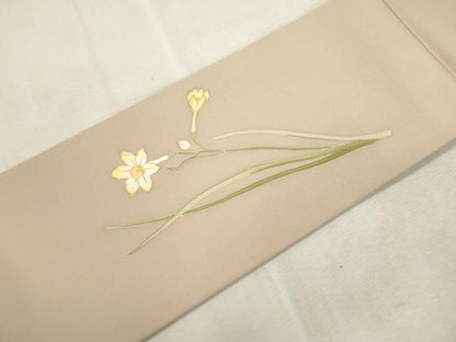 平和屋着物●塩瀬　九寸名古屋帯　作家物　草花文　金彩　正絹　逸品　CABI7475dy