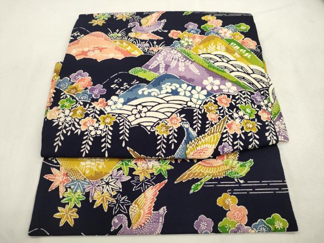 平和屋着物●つけ帯　型染め　風景鳥文　鬼しぼ縮緬　正絹　逸品　CABI7476dy