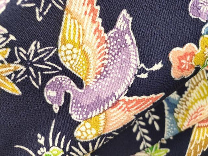 平和屋着物●つけ帯　型染め　風景鳥文　鬼しぼ縮緬　正絹　逸品　CABI7476dy