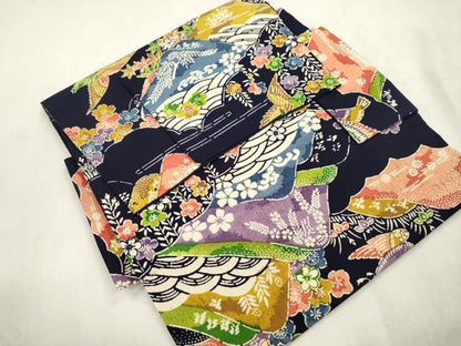 平和屋着物●つけ帯　型染め　風景鳥文　鬼しぼ縮緬　正絹　逸品　CABI7476dy