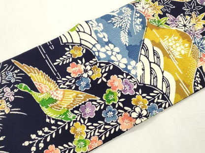 平和屋着物●つけ帯　型染め　風景鳥文　鬼しぼ縮緬　正絹　逸品　CABI7476dy
