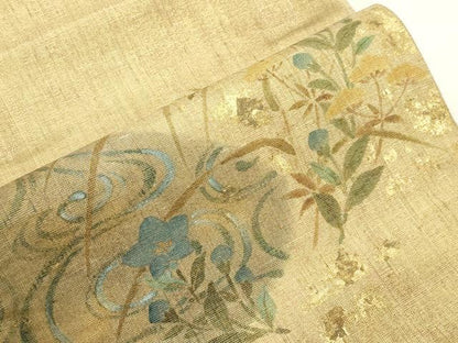 平和屋着物●つけ帯　手描き　紬地　草花文　金彩　正絹　逸品　CABI7478dy