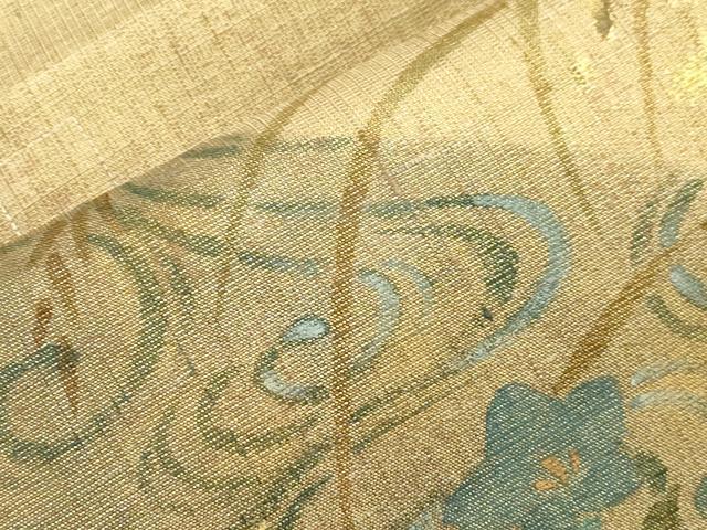 平和屋着物●つけ帯　手描き　紬地　草花文　金彩　正絹　逸品　CABI7478dy