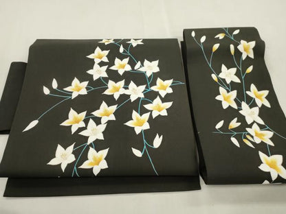 平和屋着物●塩瀬　つけ帯　草花文　黒地　金彩　正絹　逸品　CABI7479dy