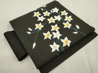 平和屋着物●塩瀬　つけ帯　草花文　黒地　金彩　正絹　逸品　CABI7479dy