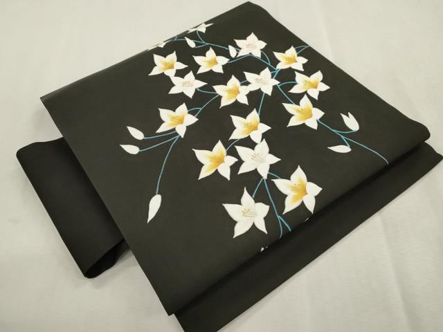 平和屋着物●塩瀬　つけ帯　草花文　黒地　金彩　正絹　逸品　CABI7479dy