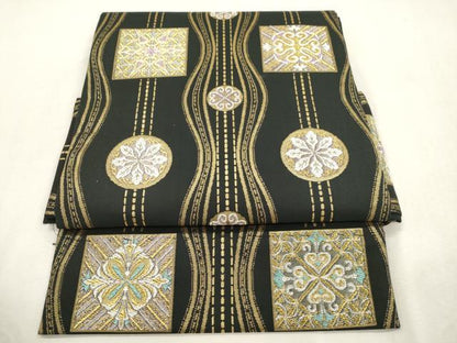平和屋着物●つけ帯　幾何学花文　黒地　金糸　正絹　逸品　CABI7482dy