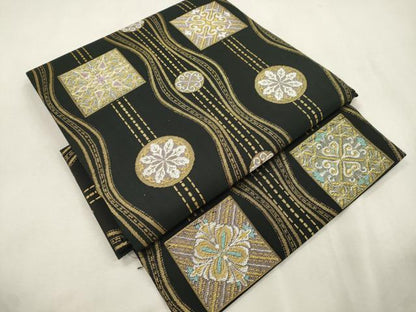 平和屋着物●つけ帯　幾何学花文　黒地　金糸　正絹　逸品　CABI7482dy