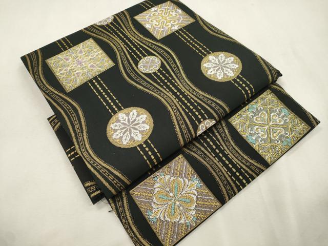 平和屋着物●つけ帯　幾何学花文　黒地　金糸　正絹　逸品　CABI7482dy