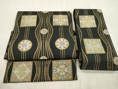 平和屋着物●つけ帯　幾何学花文　黒地　金糸　正絹　逸品　CABI7482dy