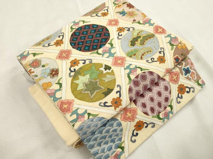 平和屋着物●明綴れ　ワンタッチつけ帯　菱草花丸文　金糸　正絹　逸品　CABI7483dy