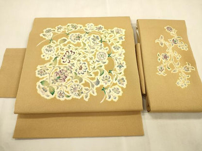平和屋着物●岡重謹製　OKAJIMA　つけ帯　更紗花文　金彩　鬼しぼ縮緬　正絹　逸品　CABI7485dy