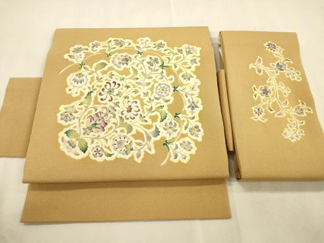 平和屋着物●岡重謹製　OKAJIMA　つけ帯　更紗花文　金彩　鬼しぼ縮緬　正絹　逸品　CABI7485dy
