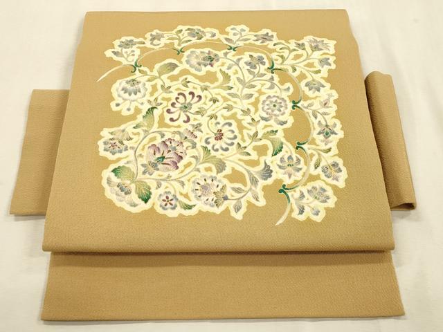 平和屋着物●岡重謹製　OKAJIMA　つけ帯　更紗花文　金彩　鬼しぼ縮緬　正絹　逸品　CABI7485dy