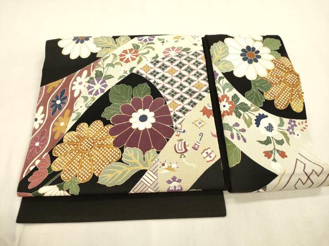 平和屋着物●つけ帯　草花文　黒地　金彩　鬼しぼ縮緬　正絹　逸品　CABI7486dy