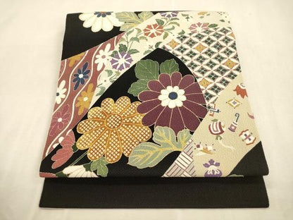平和屋着物●つけ帯　草花文　黒地　金彩　鬼しぼ縮緬　正絹　逸品　CABI7486dy