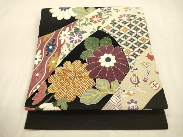 平和屋着物●つけ帯　草花文　黒地　金彩　鬼しぼ縮緬　正絹　逸品　CABI7486dy
