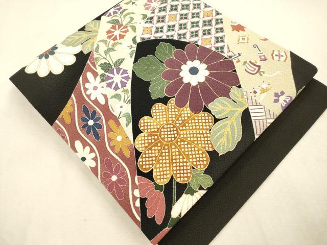 平和屋着物●つけ帯　草花文　黒地　金彩　鬼しぼ縮緬　正絹　逸品　CABI7486dy