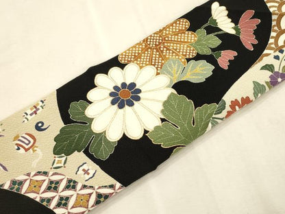 平和屋着物●つけ帯　草花文　黒地　金彩　鬼しぼ縮緬　正絹　逸品　CABI7486dy