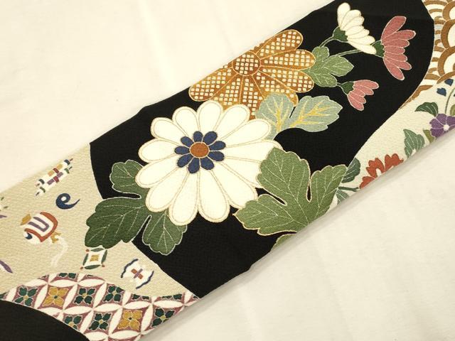 平和屋着物●つけ帯　草花文　黒地　金彩　鬼しぼ縮緬　正絹　逸品　CABI7486dy