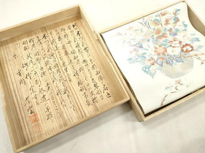 平和屋着物●爪掻き本綴れ 八寸名古屋帯 陶器花文 金糸 共箱付き 正絹 逸品 CABI7501dy