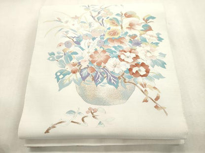 平和屋着物●爪掻き本綴れ 八寸名古屋帯 陶器花文 金糸 共箱付き 正絹 逸品 CABI7501dy