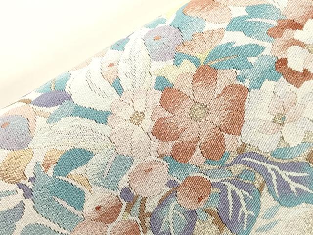 平和屋着物●爪掻き本綴れ 八寸名古屋帯 陶器花文 金糸 共箱付き 正絹 逸品 CABI7501dy